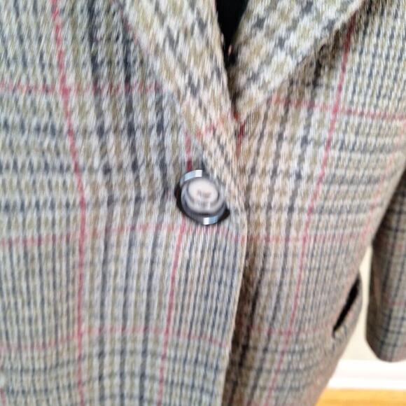 Vintage Sag Harbor Gray Green Plaid Wool Blnd Blazer Women Size 14P Petite - Picture 4 of 9